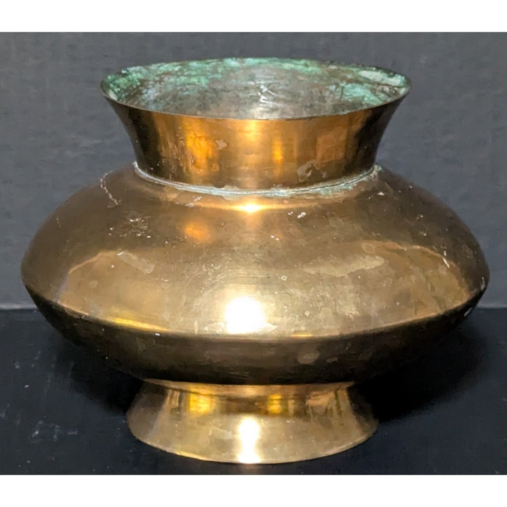 Vintage Korean Brass Footed Vase Flared Mouth Patina and Verdigris 4.5"